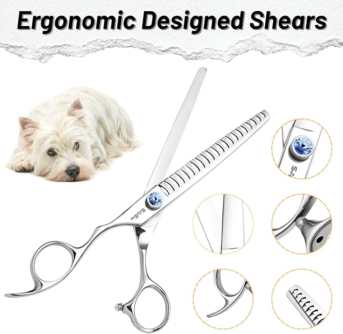 7 Inch Left Handed 18 Teeth Chunker Dog Grooming Scissors, Japan VG10 Steel Professional Pet Shears, Dog Cutting Scissors with Safety Blunt Tip, Trimming Shearing for Dogs Cats, 65% Thinning Rate