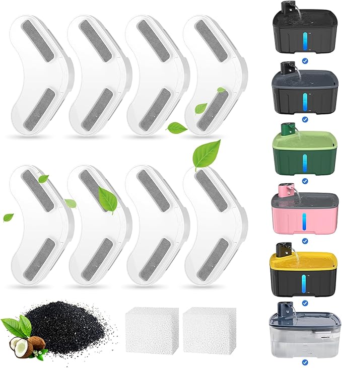 Dog Water Fountain Filters - 8 Packs Replacement Filters & 2 Sponges for Large Dog Fountain, Wireless