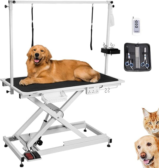 49'' Electric Dog Grooming Table, Ergonomic 400lbs Heavy Duty Grooming Table for Large Dogs at Home with 2 Nooses/Tool Organizer/Adjustable Arm/Foot Control (White)