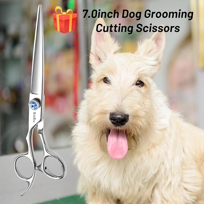 7 Inch Left Handed Dog Grooming Scissors, Japanese VG10 Steel Professional Pet Shears, Straight Dog Cutting Scissors with Safety Noiseless Blunt Tip, Sharp Trimming Shearing for Dogs Cats