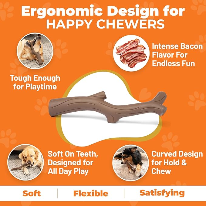 Natural Rubber Durable Dog Toys for Large & Medium Dogs Brown Bacon Flavored Curved Branch Shape Tough Chew Toy for Dogs Safe Tested & Non-Toxic Squeak Dog Toys (Brown)