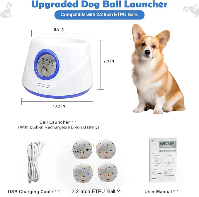 Automatic Dog Ball Launcher, Upgraded Interactive Dogs Balls Thrower for Small Dogs, Distance Adjustable Mental Stimulating Dog Toys with 4 Durable Etpu Balls 2.2 Inch (Blue)