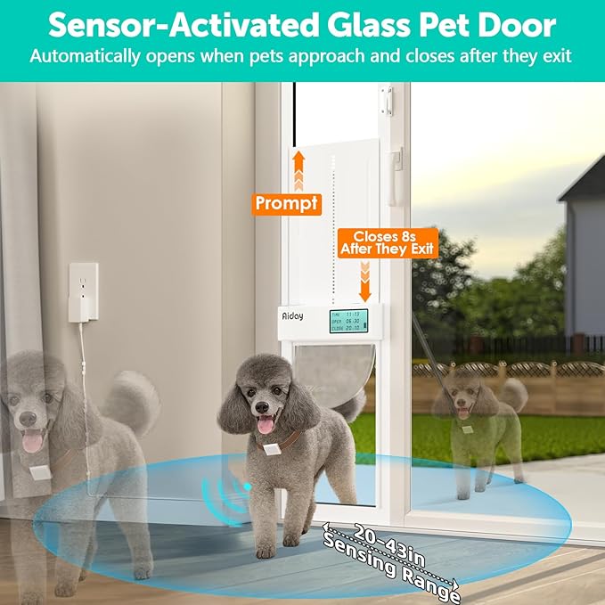 Automatic Sliding Glass Dog Door with Collar Sensor，Large Electric Doggy Door for Sliding Glass Doors, Adjustable 90 9/16" to 95 1/4" Slider Height, Anti-Pinch,Fits Dog Up to 100 Lbs (L-Tall)