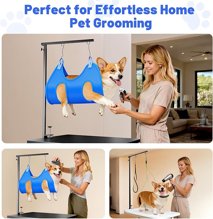 Dog Grooming Arm with Hammock, Adjustable 26"-38" Foldable Grooming Table Arm with Clamp & 2 No-Sit Holders, Heavy Duty for Small & Medium Dogs, Includes Nail Clippers (Table Not Included)