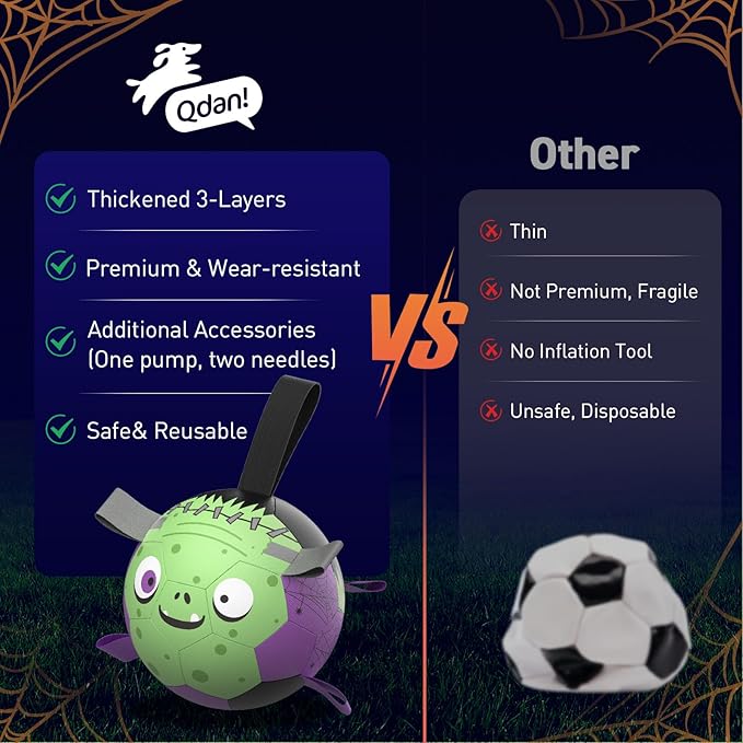 QDAN Dog Toys Ball: Dog Soccer Balls with Straps- Outdoor Herding Balls Toys for Small Medium Dogs- Christmas Puppy Pet Birthday Gifts- 6 Inch Purple Green