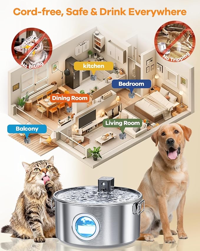12L/ 3.4Gal Wireless Automatic Dog Water Fountain for Large Dogs，Stainless Steel 3 Modes Dog Fountain Water Bowl Dispenser, Multi Large Pet Water Fountain Ultra Quiet & Multi-Filteration