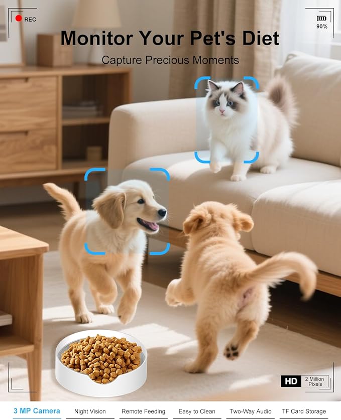 SANSCO Automatic Cat Feeder with Camera: Automatic Dog Feeder, 2K 3MP Video Recording Timed 2.4 & 5GHz WiFi App Control Pet Feeder Dispenser for Cat Dog, Rotates Up and Down, 4L