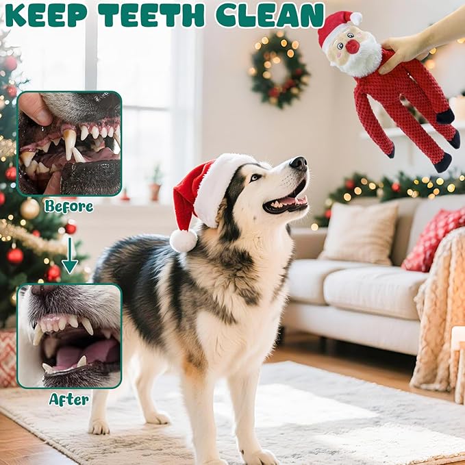Christmas Squeaky Dog Toys no Stuffing 3-Pack Interactive Dog Toy for Puppy Teething Chew Toy Deer Snowman Santa Claus with Crinkle Paper Tail Keep Them Busy, for Large Medium Small Breeds