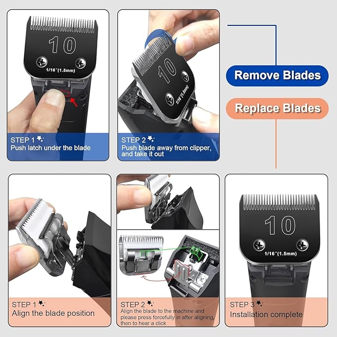 Audoc 10 Blades Dog Grooming Blades Compatible with Andis/Oster A5/Wahl KM-10 Series Dog Clippers,Detachable Clipper Replacement Blade,Black (5PCS Black-#10+3FC+4FC+5FC+7FC)