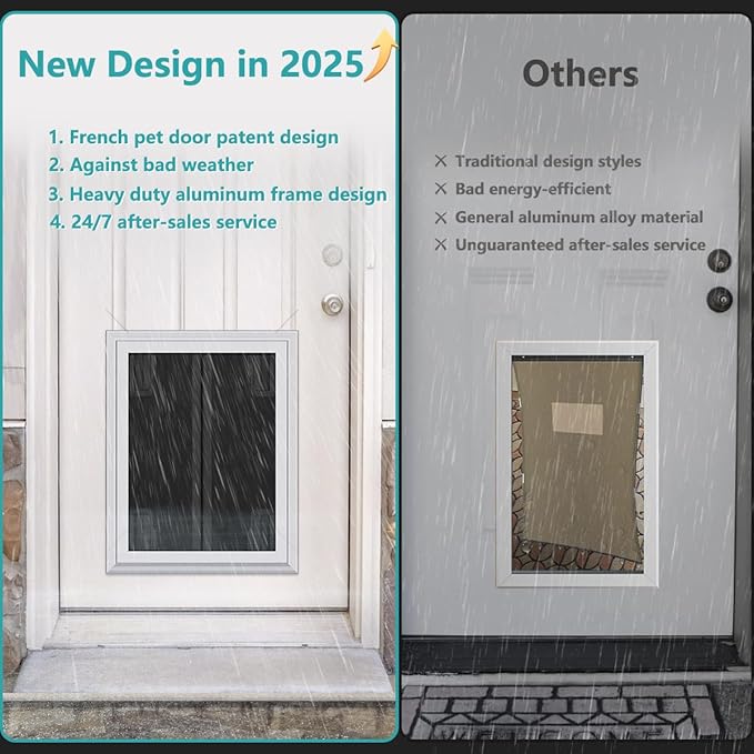 Large Dog Door, Energy Efficient French Doggy Door with Aluminum Frame, Telescoping Tunnel, Magnetic Flaps and Sliding Lock Panel - Large