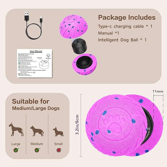 Interactive Dog Ball, Smart Interactive Dog Toys for Medium and Large Dogs, Automatic Moving, Bouncing, and Rotating Pet Balls with E-TPU Material, IP54 Waterproof Dog Toy to Keep Them Busy