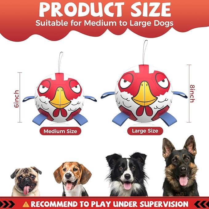 QDAN Chicken Dog Toys Soccer Ball with Straps, Interactive Dog Toys for Tug of War, Puppy Birthday Gifts, Tug Toy, Dogs Water Toy, Durable Dogs Balls for Dog（8 Inch）