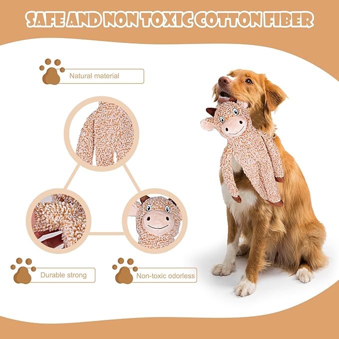 Cattle No Stuffing Dog Toys for Large Dogs, Squeaky Crinkle Interactive Dog Animals, Plush Teething Toys to Keep Them Busy, Cute Funny Dogs Gifts for Small Medium Large Breed
