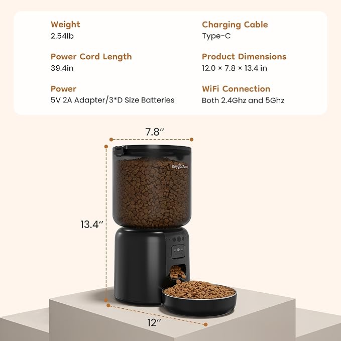 Automatic Cat Feeder with Adjustable 1080p Camera, 5G WiFi & App Control Cat Food Dispenser, Automatic Feeder Cat Dry Food with Dual Power & Voice Recording, Smart Automatic Dog Feeder Portion Control