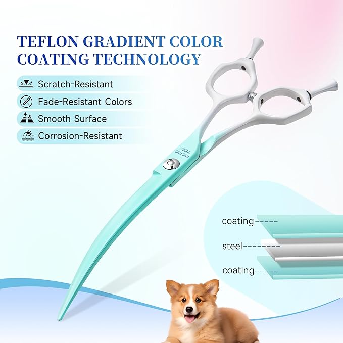 Curved Dog Grooming Scissors Green to White Gradient 440C Stainless Steel Sharp Durable Dog Shears for Professional or Home Use Ergonomic Handle with 2 Silicone Finger Rings