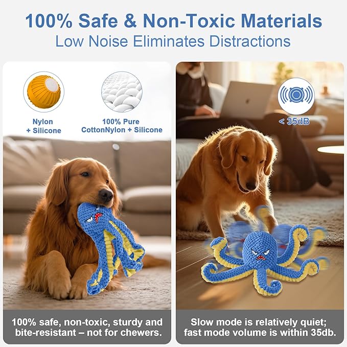 Interactive Dog Toys Octopus,Durable Automatic Jumping Dog Toy to Keep Them Busy,Squeaky Moving Tug of War Doggie Toy,USB Rechargeable,Not for Aggressive Chewers (Blue)
