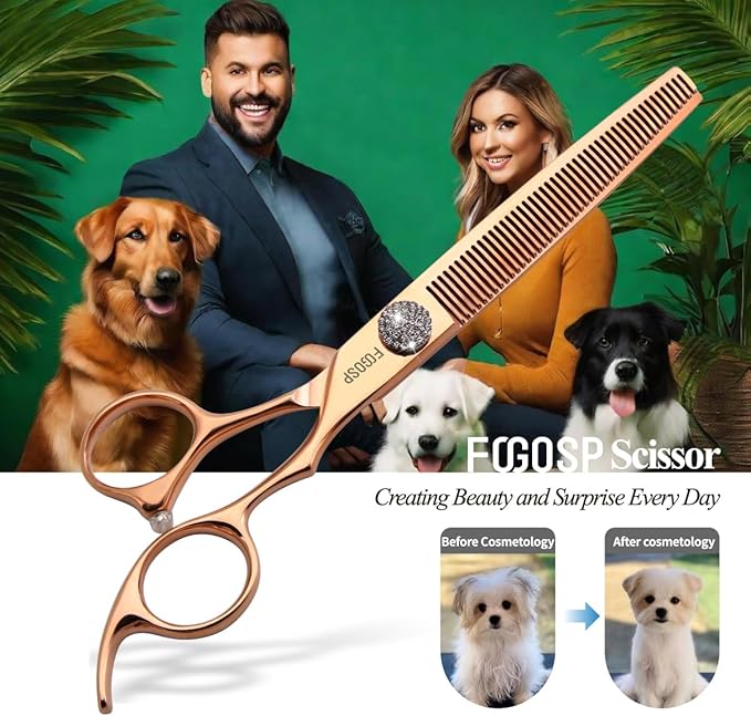 7'' Dog Grooming Scissors Set Rose Gold Titanium 4PCS Curved Thinning Straight Chunkers Shears Kit with White Artificial Diamonds Ergonomic Offset Handle Japan 440C Sharp and Durable