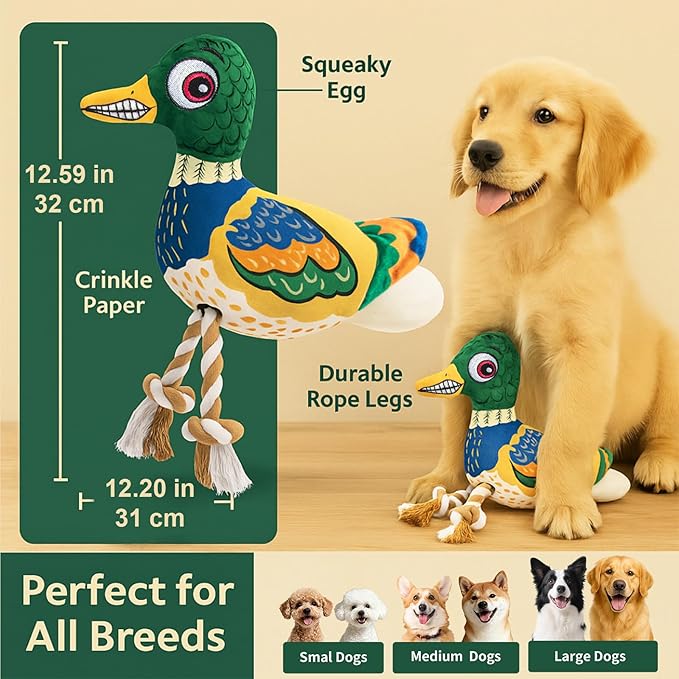 Duck Dog Toy – No Stuffing Durable Plush with Rope Legs & Crinkle Wings, Squeaky Duck Toy for Medium & Large Dogs, Tough Chew Toy for Interactive Tug & Fetch Play
