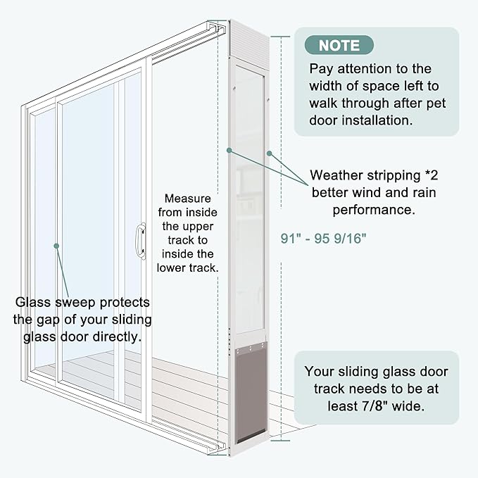 Dog Door for Sliding Glass Doors, Adjustable Height 91"-95 9/16" Aluminum Frame Tempered Sliding Door Dog Doors Insert with Lock, 10 x 15 Flap Size for Large Dogs
