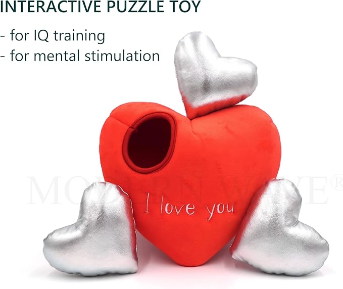 MODERN WAVE - Squeaky Plush Dog Toy - Interactive Hide and Seek Squirrel Type Puzzle Toy for Dogs, Small - Medium Size (Red Heart and Silver Hearts)