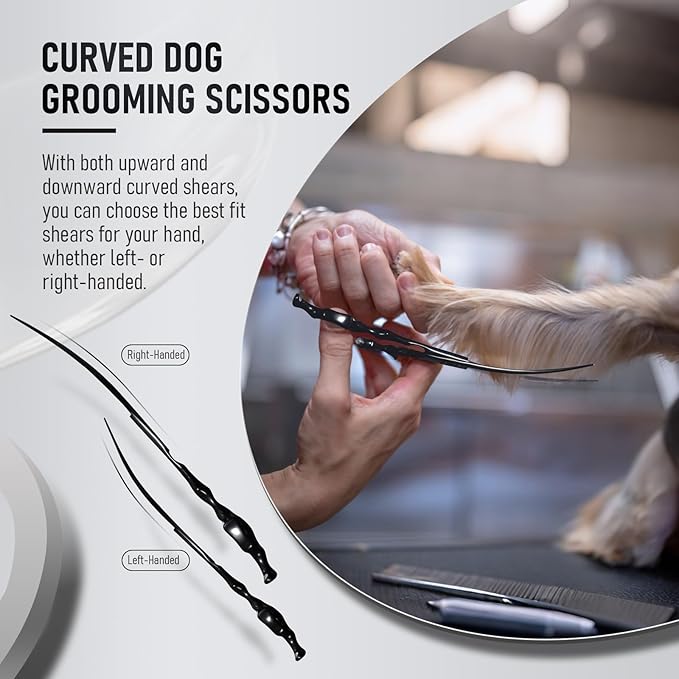 Purple Dragon Dog Grooming Scissors Set - Thinning, Straight, Up & Down Curved Scissors and Comb, 7 Inch Black Shears with Adjustable Screw for Dogs and Cats