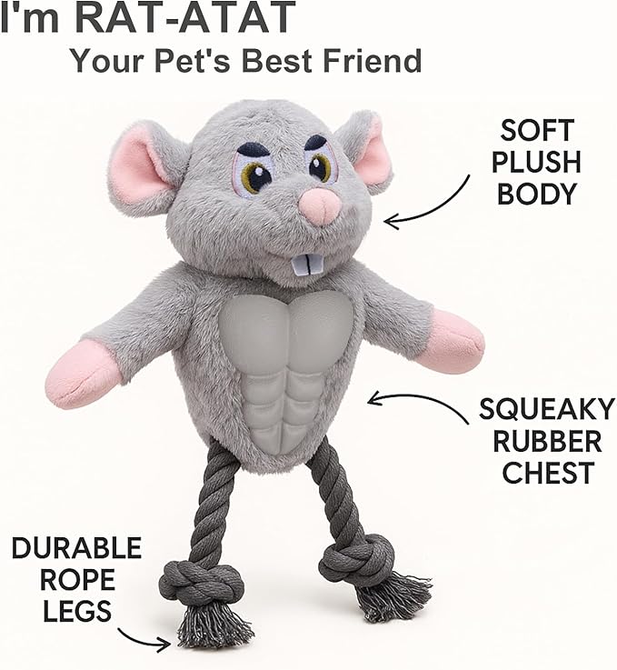 Muscle Mouse Dog Toy for Medium & Large Dogs – Plush Dog Toy with Squeaky Rubber Chest & Rope Legs | Durable Pet Toy for Tug, Fetch & Chewing | for Pet Use Only