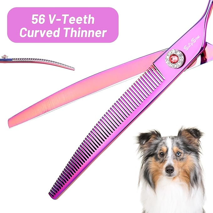 7.5in 25 Degree Curved Scissors for Dog Grooming Chunkers, Professional Dog Grooming Scissors Blender, VG10 Steel Sharp Blades, 56 Teeth High-end Pet Thinning Shears for Dogs Cats, 25% Thinning Rate