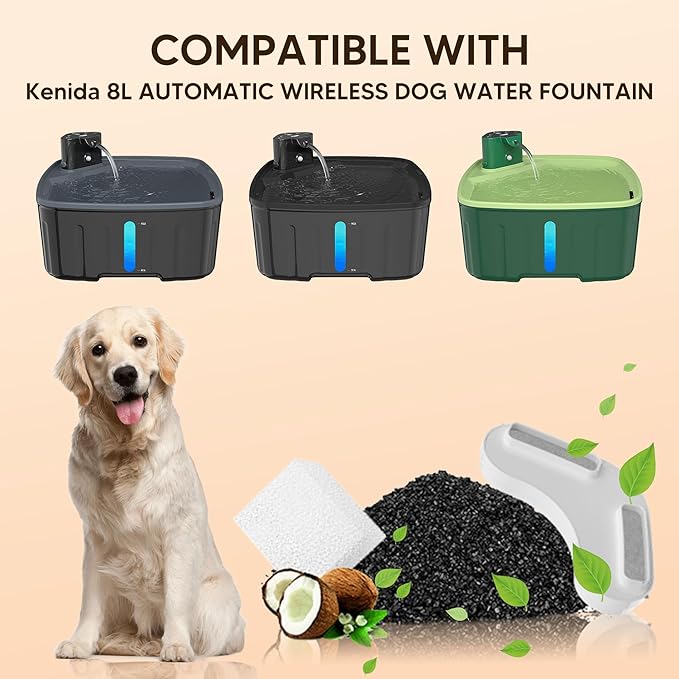 Dog Water Fountain Filters - 8 Packs Replacement Filters & 2 Sponges for Large Dog Fountain, Wireless
