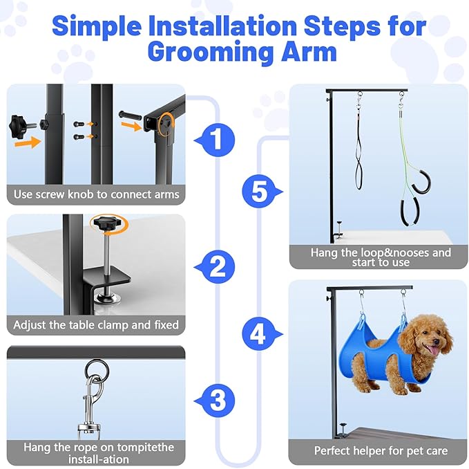 Dog Grooming Arm with Hammock, Adjustable 26"-38" Foldable Grooming Table Arm with Clamp & 2 No-Sit Holders, Heavy Duty for Small & Medium Dogs, Includes Nail Clippers (Table Not Included)