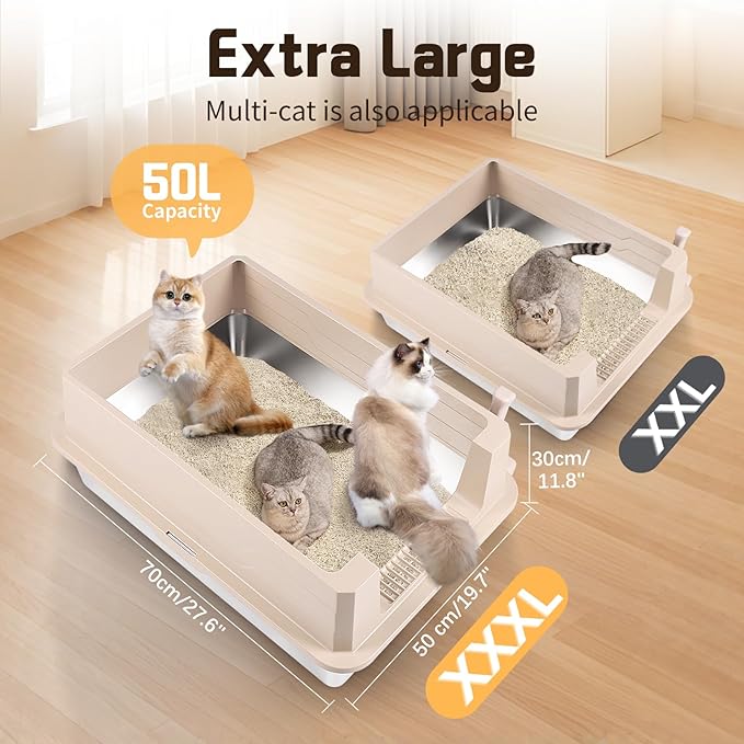 Extra Large Stainless Steel Litter Box, XXXL 27.6" H x 19.7" W x 11.8" H Metal High Sided Cat Litter Box with Scoop, Leak-Proof, Easy Clean for Big Cats/Multiple Cats (Khaki)