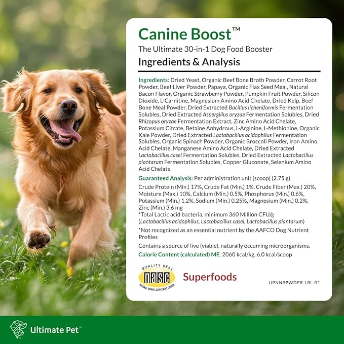 Ultimate Pet Nutrition Canine Boost, 30-in-1 Natural Grain Free Dog Food Booster Topper with Vitamins, Amino Acids, Probiotics, and Digestive Enzymes for Dog Health