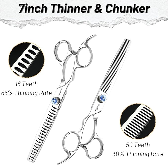 7 Inch Left Handed Dog Grooming Scissors Set, Japan VG10 Steel Professional Pet Shears, 18/50 Teeth Dog Cutting Scissors with Safety Noiseless Blunt Tip, 30% 65% Thinning Shear for Dogs Cats