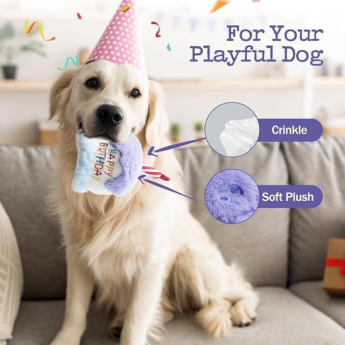 Dog Happy Birthday Cake Toy with Crinkle, Stuffed Plush Puppy Present for Birthday Party, Dog Toy for Small Medium