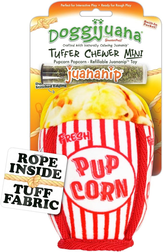 Doggijuana Tuffer Chewer Mini Plush Dog Toy | Funny Dog Toy Plush with Juananip Catnip for Dogs | Calming Aid for Dogs | Interactive Squeaky Chew Toy for Play (Pupcorn)