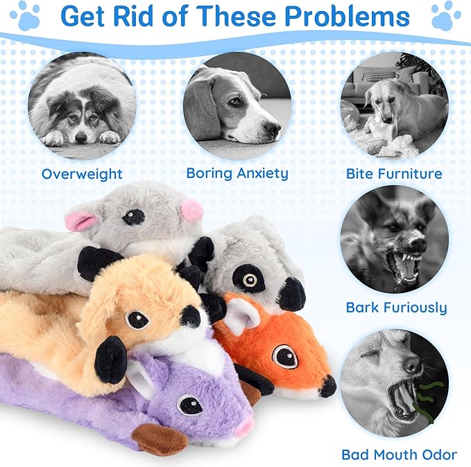 5-Pack Stuffless Dog Toys - Body No Stuffing, Lightly Filled Head, Fluff-Free & Squeaky Dog Toys with Treat Pocket for Aggressive Chewers Large Medium Small Dogs to Keep Them Busy