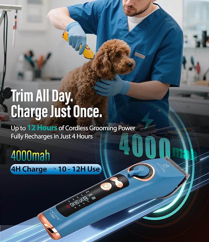 Professional Dog Grooming Clippers with 12H Runtime & Replaceable 440C Blade, 3-Speed Low Noise Electric Dog Shaver for Thick, Matted, Curly Hair, Cordless Clipper for Groomer & Home Use, Blue
