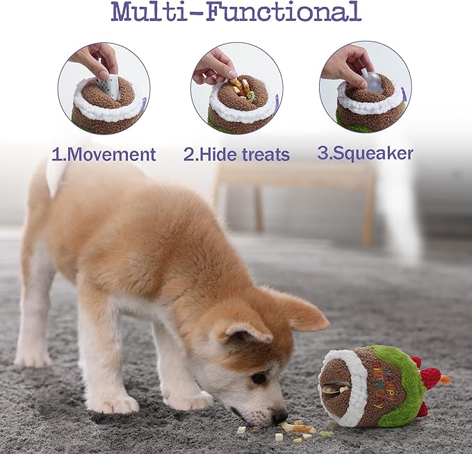 Dog Happy Birthday Cake Singing Toy with Crinkle, Stuffed Plush Puppy Present for Birthday Party, Dog Toy for Small Medium Large
