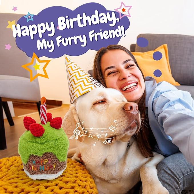 Dog Happy Birthday Cake Singing Toy with Crinkle, Stuffed Plush Puppy Present for Birthday Party, Dog Toy for Small Medium Large