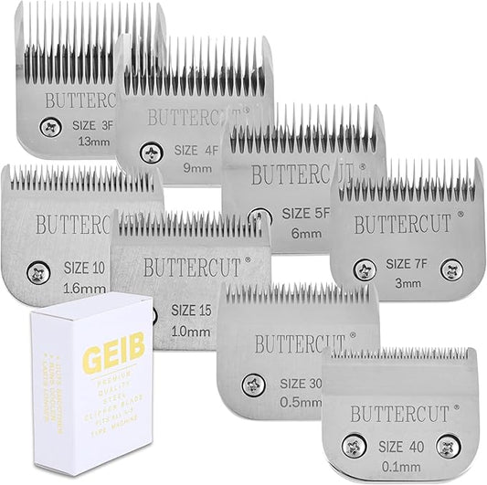 Geib Buttercut Detachable Replacement Dog Clipper Blades - Complete 8 Pack Set, Stainless Steel Long-Lasting Sharp Edges, Compatible with Andis A5, Oster A5, Wahl KM10, Dog Grooming Blade