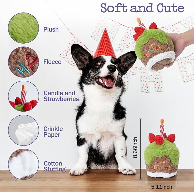 Dog Happy Birthday Cake Singing Toy with Crinkle, Stuffed Plush Puppy Present for Birthday Party, Dog Toy for Small Medium Large