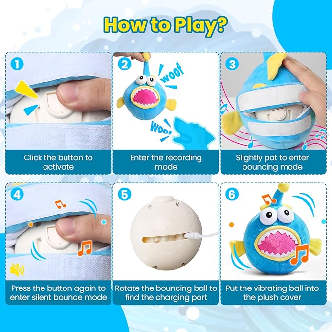 Interactive Dog Toys, Self Moving Dog Toy to Keep Them Busy, Electronic Vibrating Dogs Toy/Squeaky Bouncing Ball for Small Medium Large Dogs with Jumping Music Talking Silent Mode (Lanternfish)
