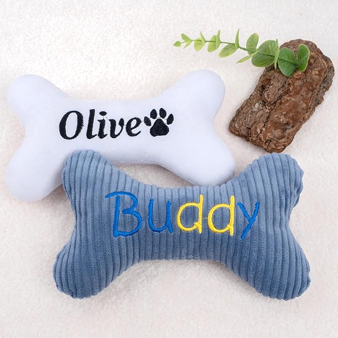 2026 Personalized Squeaky Dog Toys, Embroidered Bone Shape Corduroy Pet Pillow 8"x5"with Custmoized Name, Cute Dog Chew Puzzle Toy Custom Color Size Birthday for Small Medium Large Dogs