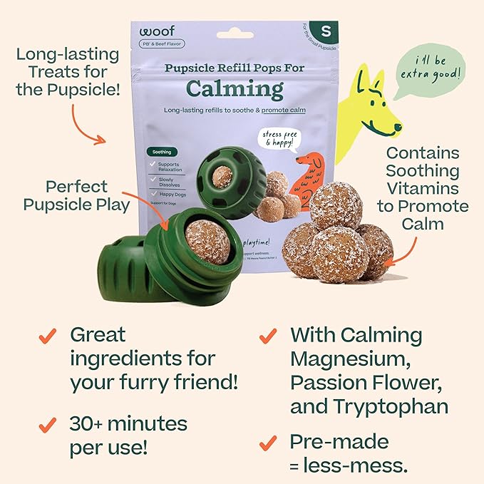 Woof Pupsicle Calming Starter Kit - Pupsicle and Calming Pops Bundle - Long-Lasting Interactive Dog Toy, Low-Mess Design - 10 Refills with Thiamine, Tryptophan, Passion Flower for Small Dogs 10-25 lbs