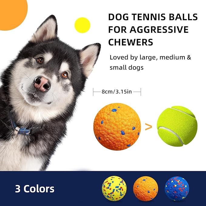 3 Pcs Large size Dog Balls, 3.15"Tennis Ball for Aggressive Chewers, Durable Bouncy Dog Toy Balls, Teething Cleaning Chew Toys, Water Toy Fetch Ball for Large Medium Dog, More Biting-Proof Atom