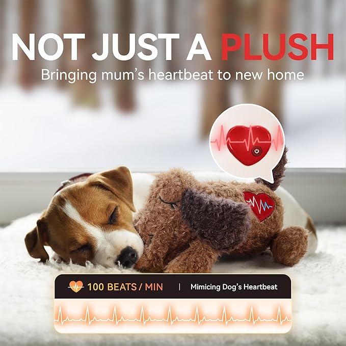 ALL FOR PAWS Heartbeat Dog Toy for Puppy, Snuggling Plush Toy for Dogs Anxiety Relief & Sleep Aid, Stuffed Dogs Toy for Puppy Behavioral Training, Brown Dog