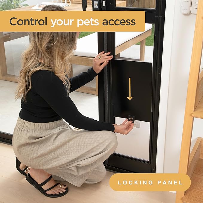 Hakuna Pets Black Glass Patio Pet Door for Sliding Doors, Medium | Adjustable Height 77.2” – 83.5”, Damage-Free or Permanent Install, Locking Panel Included