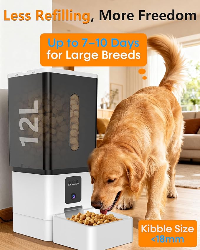 Automatic Dog Feeder Large Breed: 12L/50 Cups with HD 1080P Camera - 5G WiFi Anti-Clog Timed Dog Feeder for Golden Retriever Busy Owners by UTCG