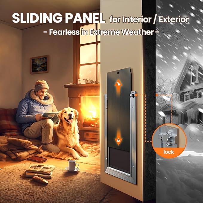 Dog Door for Wall, X-Large Dog Door with 3-Flap, Aluminum Doggie Door, Heavy Duty Pet Door with Lock, Telescoping Tunnel for Interior Exterior Wall, Pets Up to 220LB
