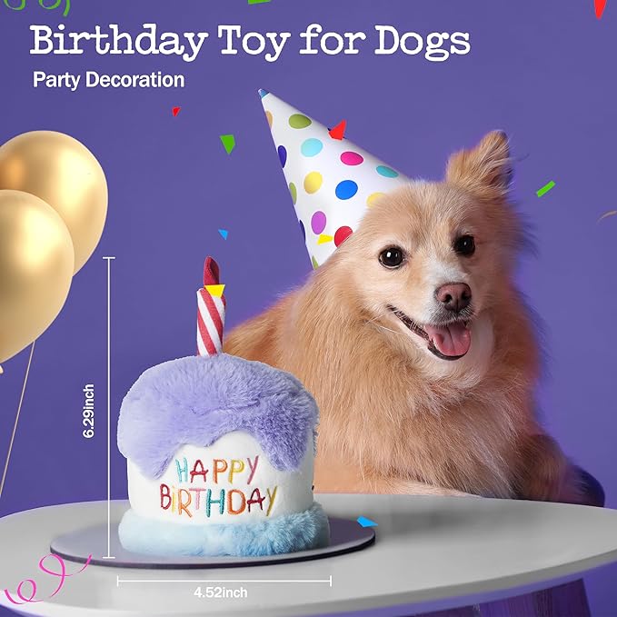 Dog Happy Birthday Cake Toy with Crinkle, Stuffed Plush Puppy Present for Birthday Party, Dog Toy for Small Medium