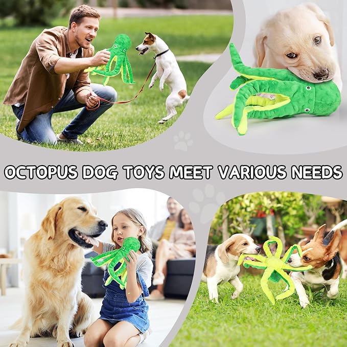 2 Pack Octopus Squesky Dog Toys for Large Medium Small Dogs, Stuffed and Tough Plush Dog Toys for Aggressive Chewers (Blue+Green)